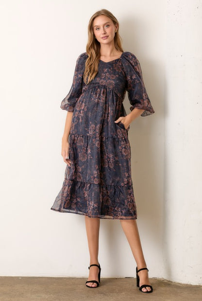 Printed Organza Long Sleeve Long Midi Dress.