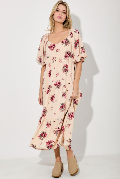 Flower Bubble Sleeve Midi Dress