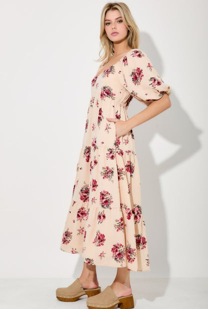 Flower Bubble Sleeve Midi Dress