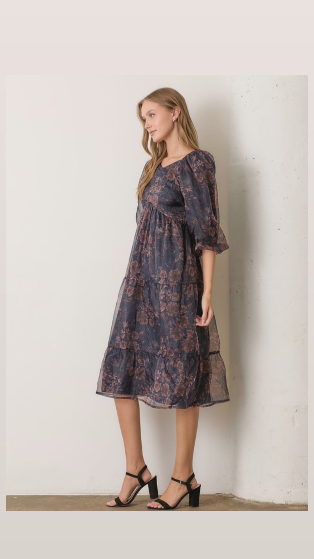 Printed Organza Long Sleeve Long Midi Dress.