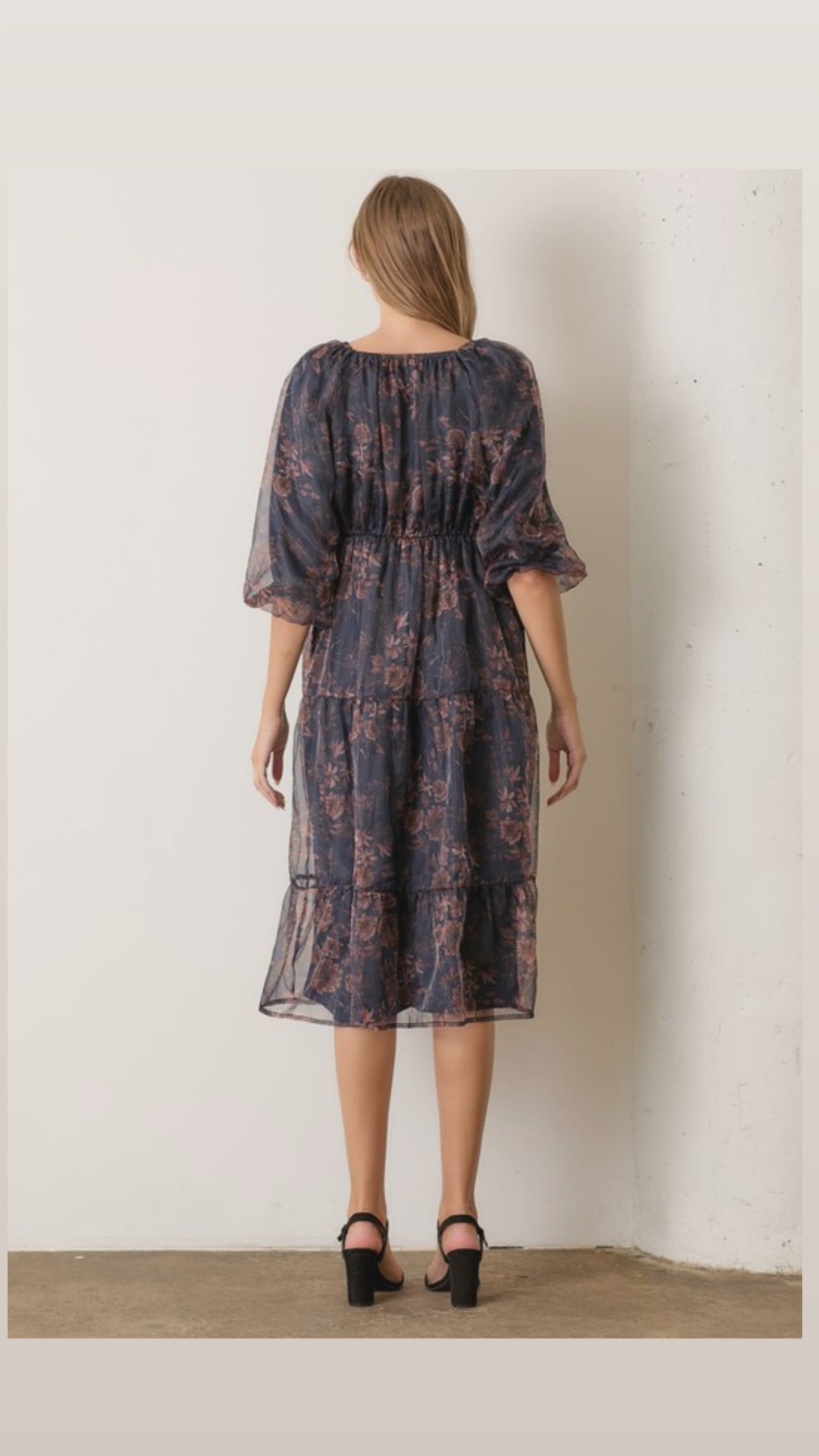 Printed Organza Long Sleeve Long Midi Dress.